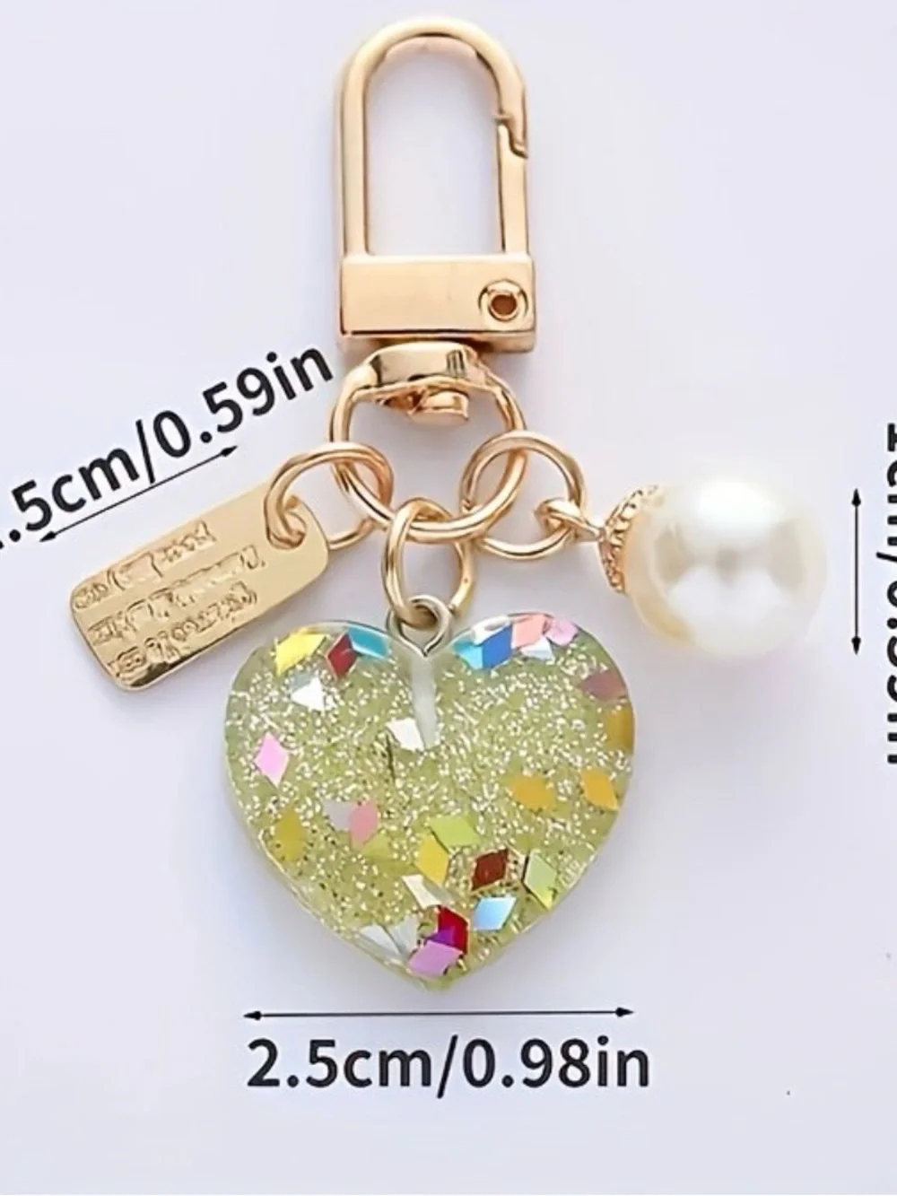 Yellow Glitter Heart Bag Charm Keychain Pearl Gold-New